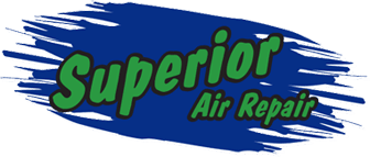 A blue and green logo for superior air repair.